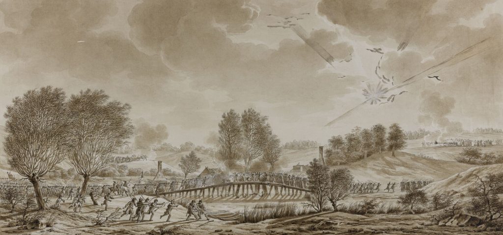 Constant Bourgeois, Bitwa piechoty między wojskami francuskimi i rosyjskimi na moście w Barkwedzie, 3 lutego 1807 r. o godzinie trzeciej po południu (1807), obraz z kolekcja pałacu w Wersalu.