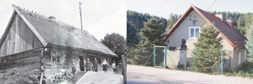 Rok 1948 – chata rodziny Zientarów, w której Maria spędziła dzieciństwo i młodość. Poetka stoi przy drzwiach. fot. Władysław Ogrodziński 
(ze zbiorów MWiM w Olsztynie). Obok widok współczesny