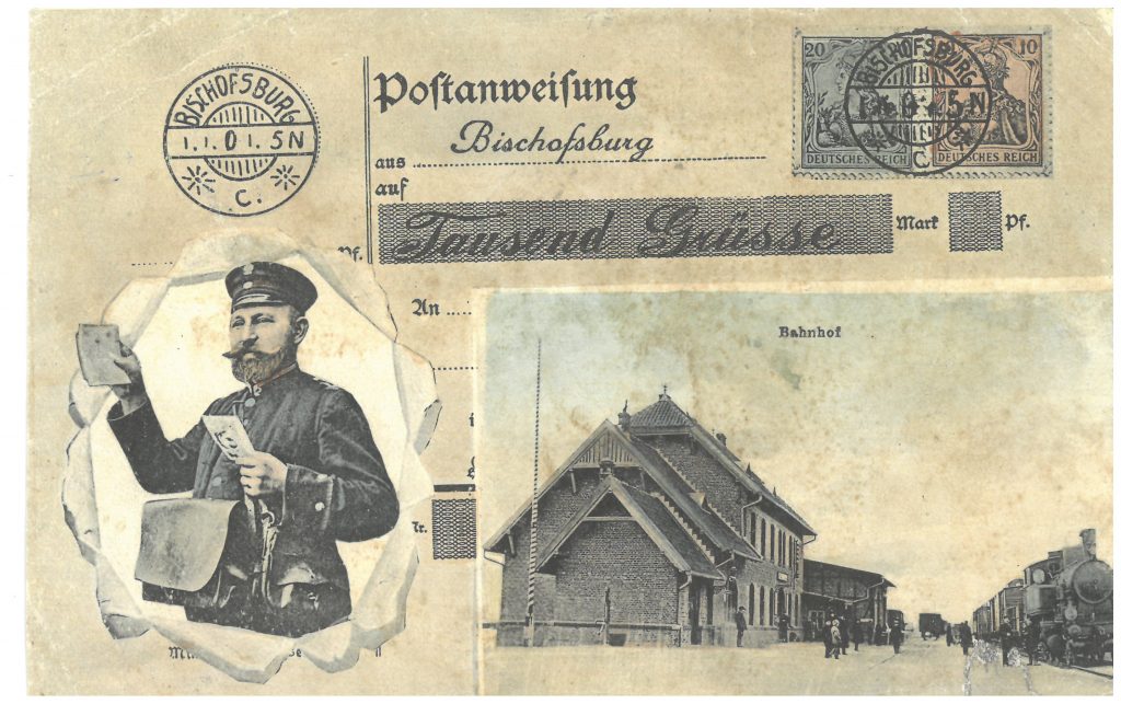 Pocztówka z widokiem dworca kolejowego w Biskupcu (Bischofsburg) wysłana 11.11.1903 r. z Jever do Binz, wydawca: Georg Kugelmann, Hannover. (źródło: zbiory Piotra Weraksy)