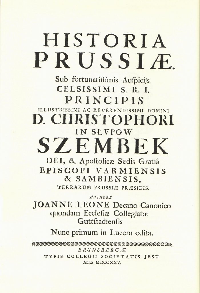 Frontispis Historii Prus autorstwa J. Leo,
wydanej w Braniewie w 1725 r.